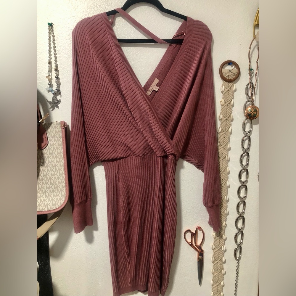 Love Tree Mauve Ribbed Long Sleeve Wrap Dress